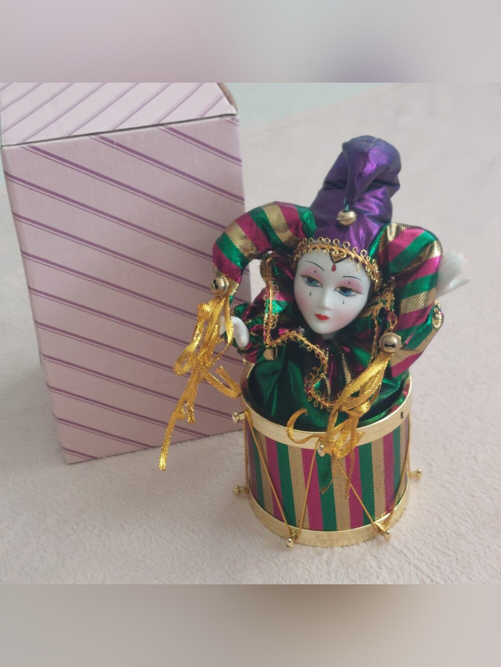 Wind-up Musical Jester Clown on a Drum NIB